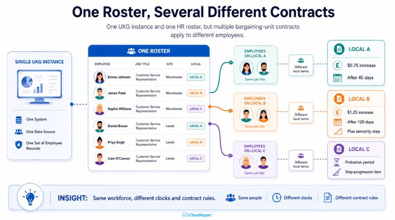 Infographic showing one UKG roster with employees assigned to different bargaining units, each tied to separate wage progression rules and contract terms.