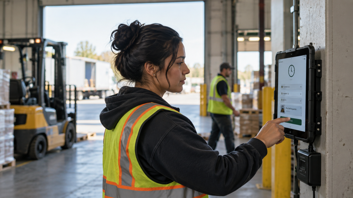Warehouse worker clocking in on a wall-mounted time clock while a coworker logs details on a paper clipboard nearby