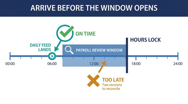 Daily telematics feed landing before the payroll review window