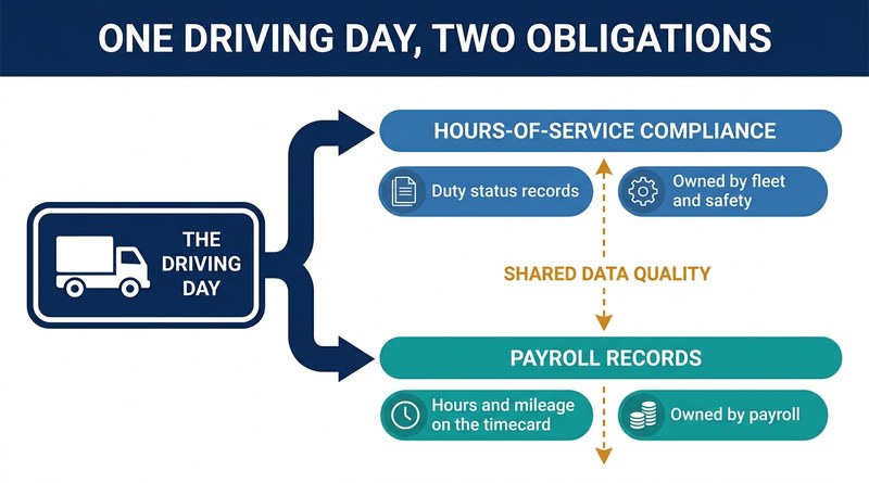 Hours-of-service compliance and payroll records from one driving day