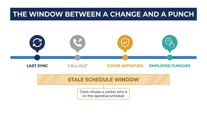 Stale schedule window between the last sync and the employee punch