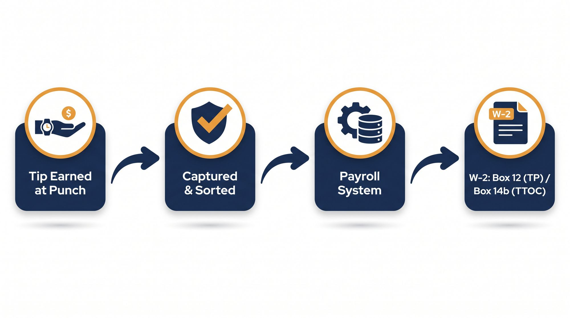 Diagram showing a tip earned at punch flowing through capture and sorting, into the payroll system, and onto Form W-2 Box 12 code TP and Box 14b TTOC