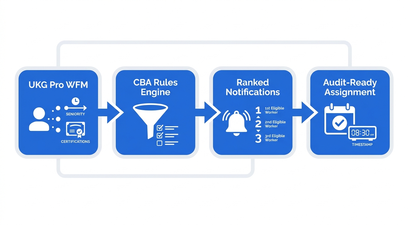 CloudApper UKG Pro WFM shift bidding CBA compliance workflow infographic