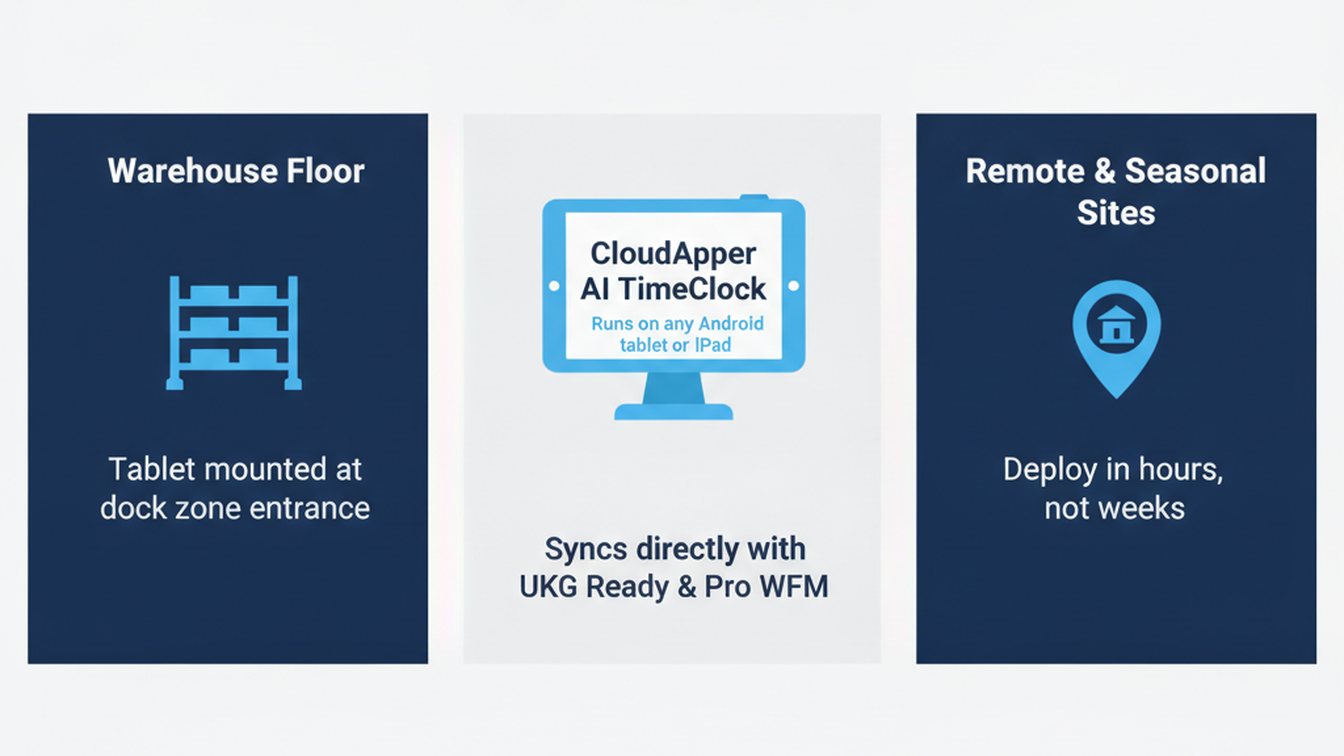 CloudApper AI TimeClock tablet deployment syncing to UKG Ready and Pro WFM