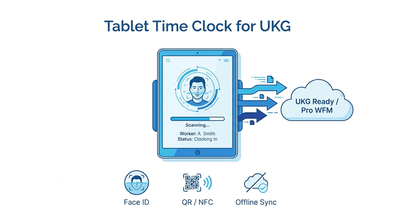 CloudApper AI TimeClock tablet kiosk syncing punches to UKG
