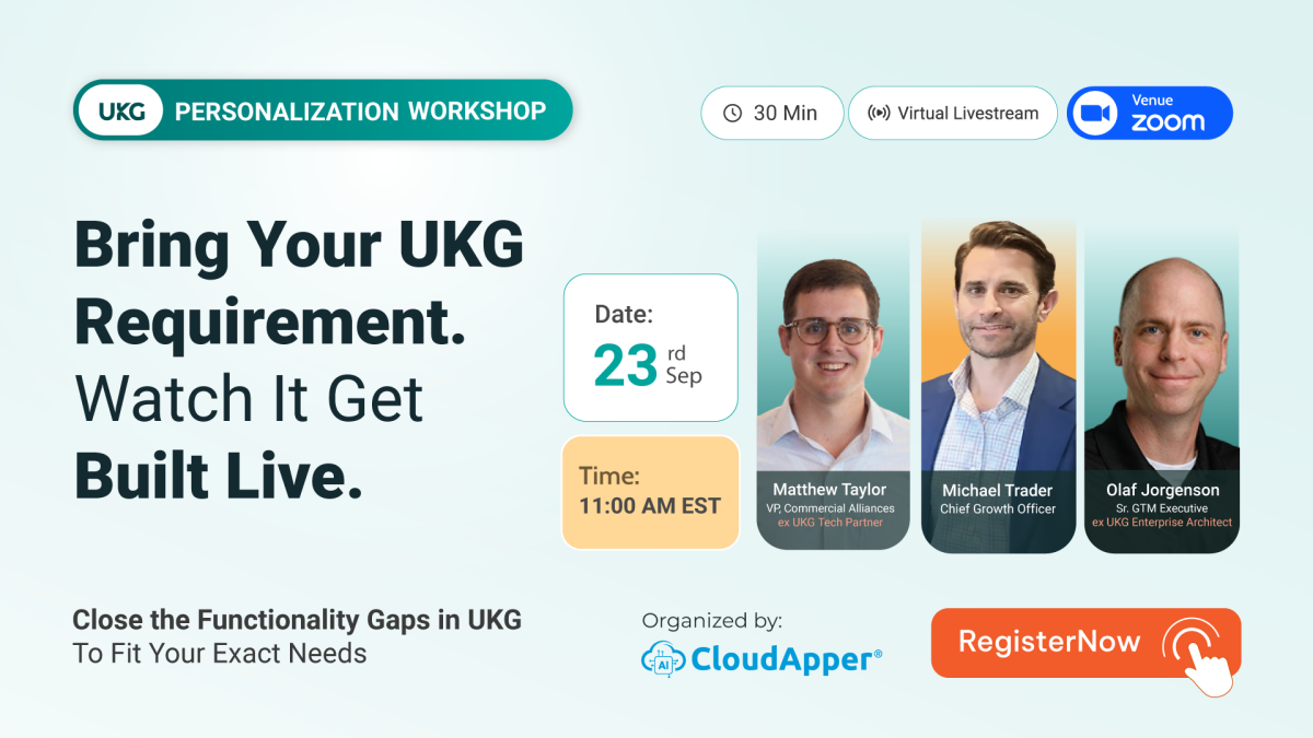 UKG Personalization Live-Build Workshop banner featuring hosts Matthew Taylor, Michael Trader, and Olaf Jorgenson, September 23, 2026
