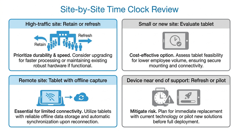 Site-by-site UKG time clock hardware review matrix
