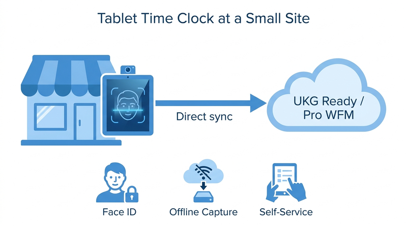 CloudApper AI TimeClock tablet at a small UKG site