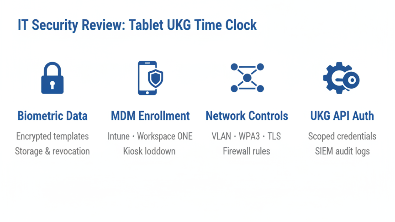 UKG tablet time clock IT security review biometric data encryption checklist
