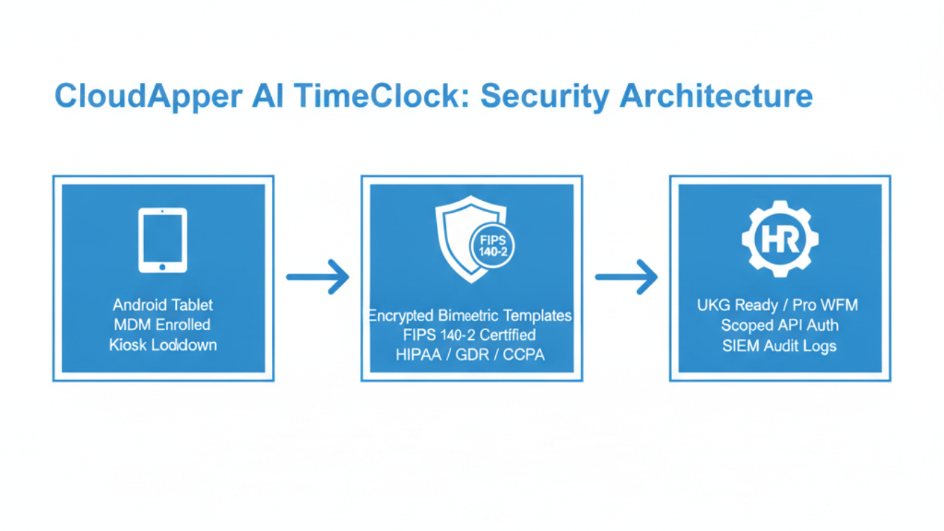 CloudApper AI TimeClock UKG integration security FIPS MDM authentication architecture