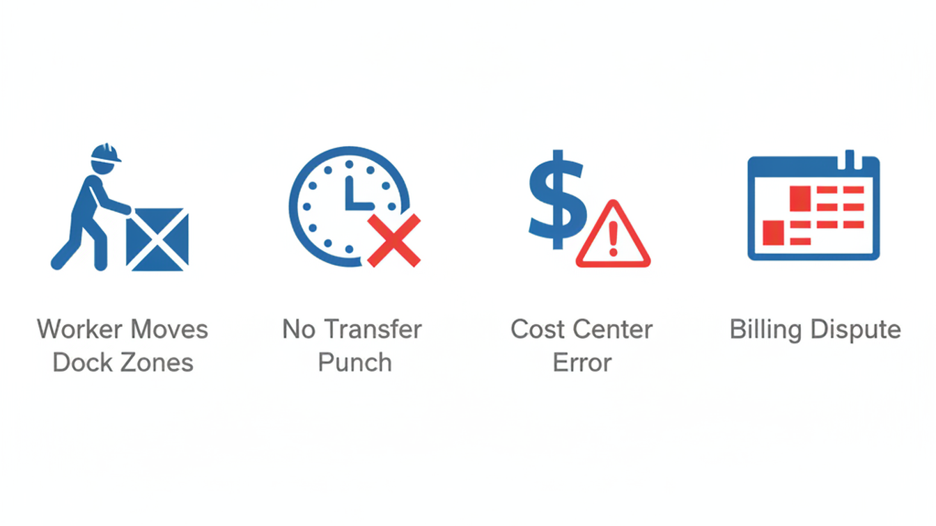 UKG 3PL distribution center dock labor cost center transfer punch gap workflow