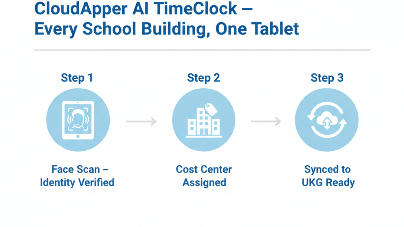 CloudApper AI TimeClock tablet kiosk school building biometric enrollment K-12