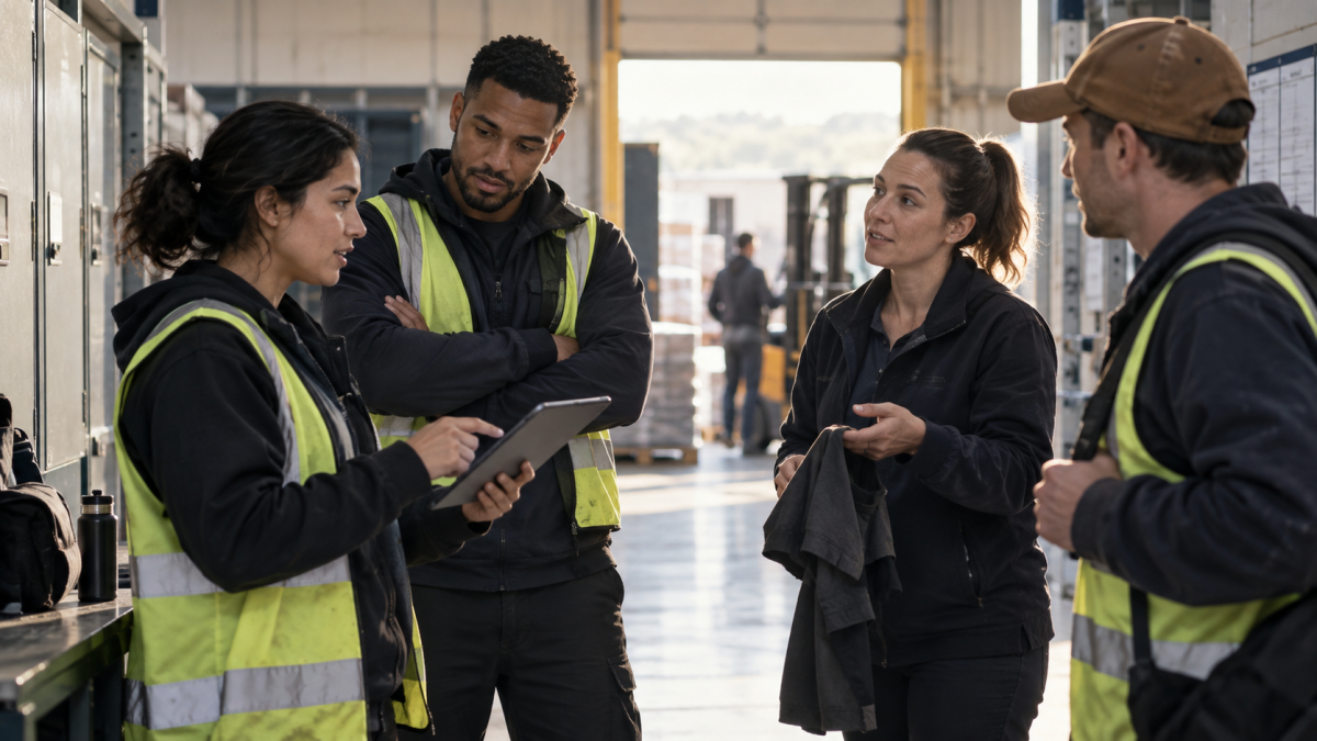 A group of frontline warehouse workers gathers around a tablet to sort out a shift coverage question.