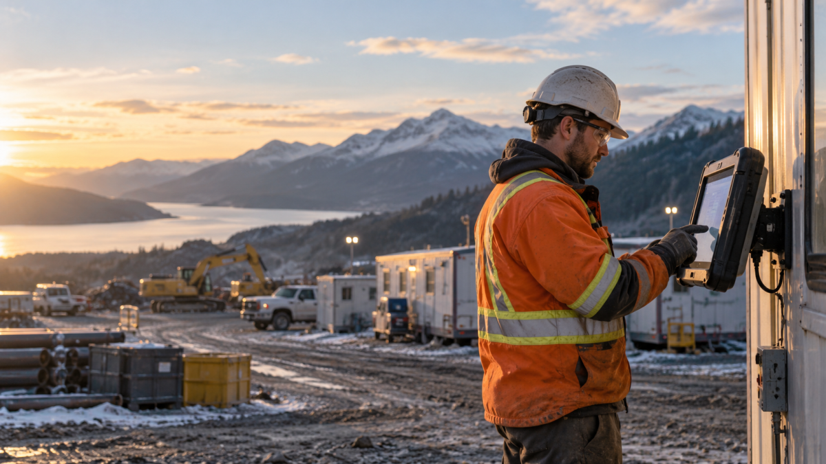 Field worker in a hard hat and hi-vis jacket using an offline self-service kiosk on a tablet mounted to a site trailer at a remote job site