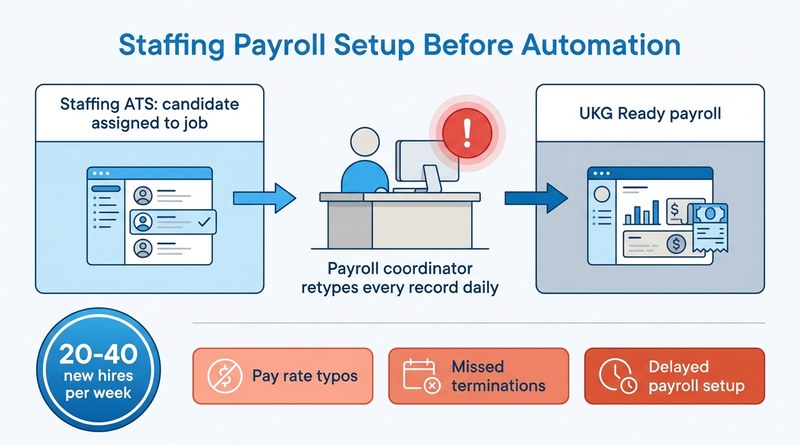 Manual re-entry between staffing ATS and UKG Ready payroll