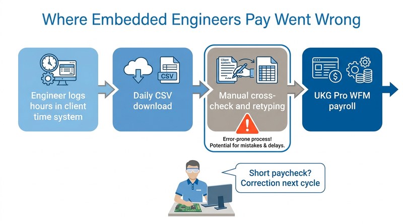 Manual relay between client time system and UKG payroll