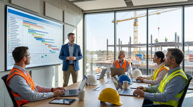 Construction manpower scheduling meeting with project managers