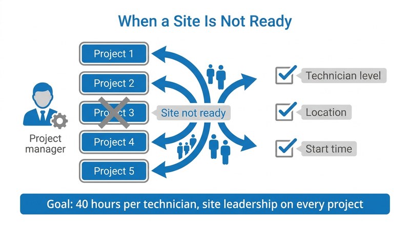 Reallocating a crew when a site is not ready