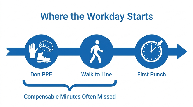 Timeline of compensable donning and walking time before punch