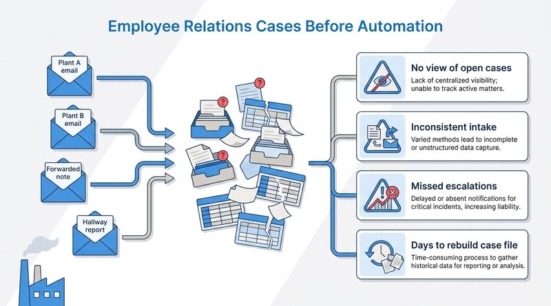 Email-based employee relations tracking risks at manufacturing plants