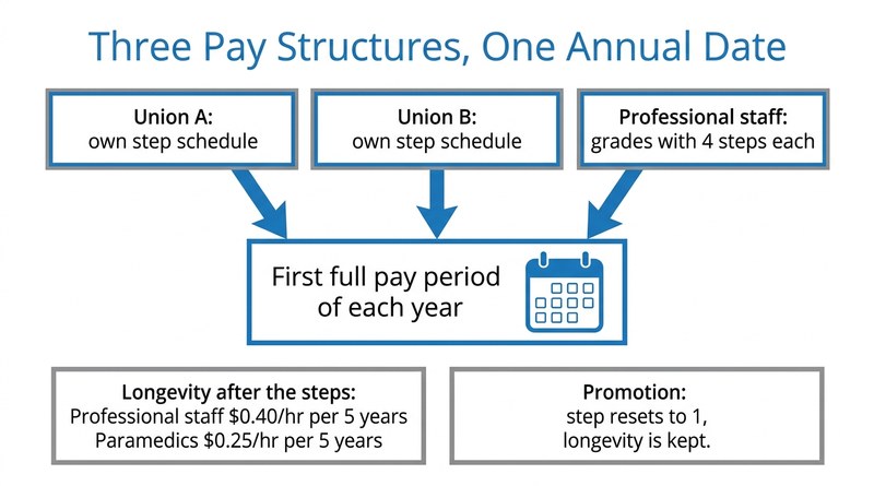 Union step schedules, professional grades and longevity rates