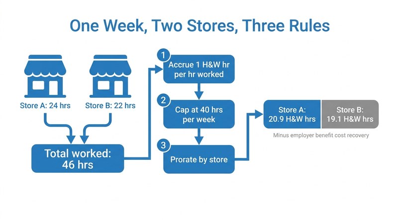 Weekly H&W cap and multi-store proration example