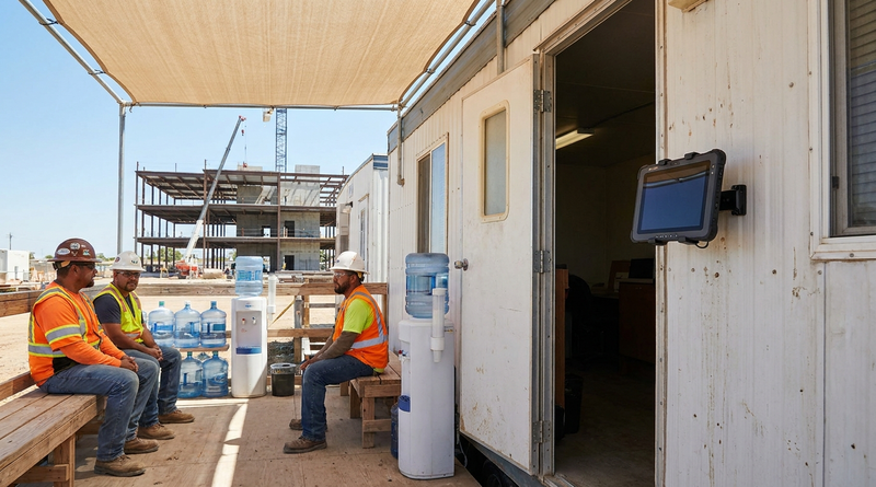 Heat illness recovery breaks UKG tablet clock at construction site
