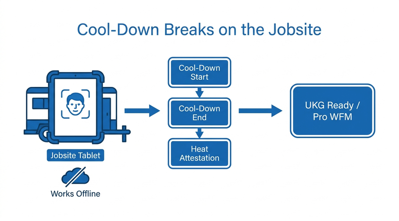 CloudApper AI TimeClock jobsite tablet tracking cool-down breaks for UKG