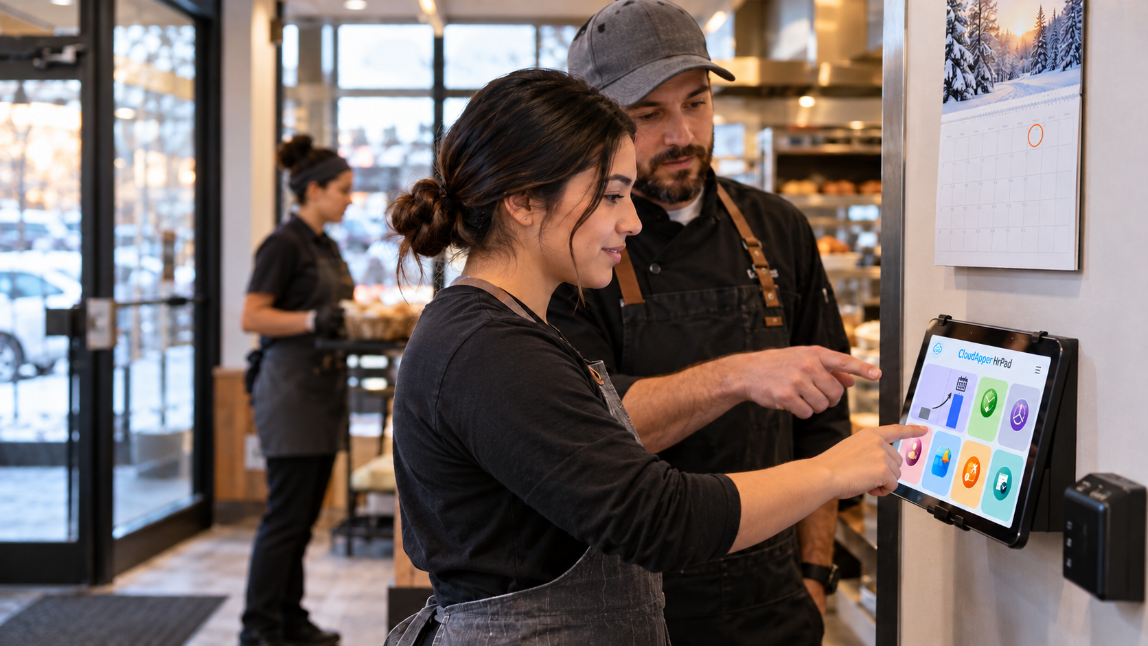 Two restaurant employees using a wall-mounted hrPad tablet time clock kiosk next to a calendar