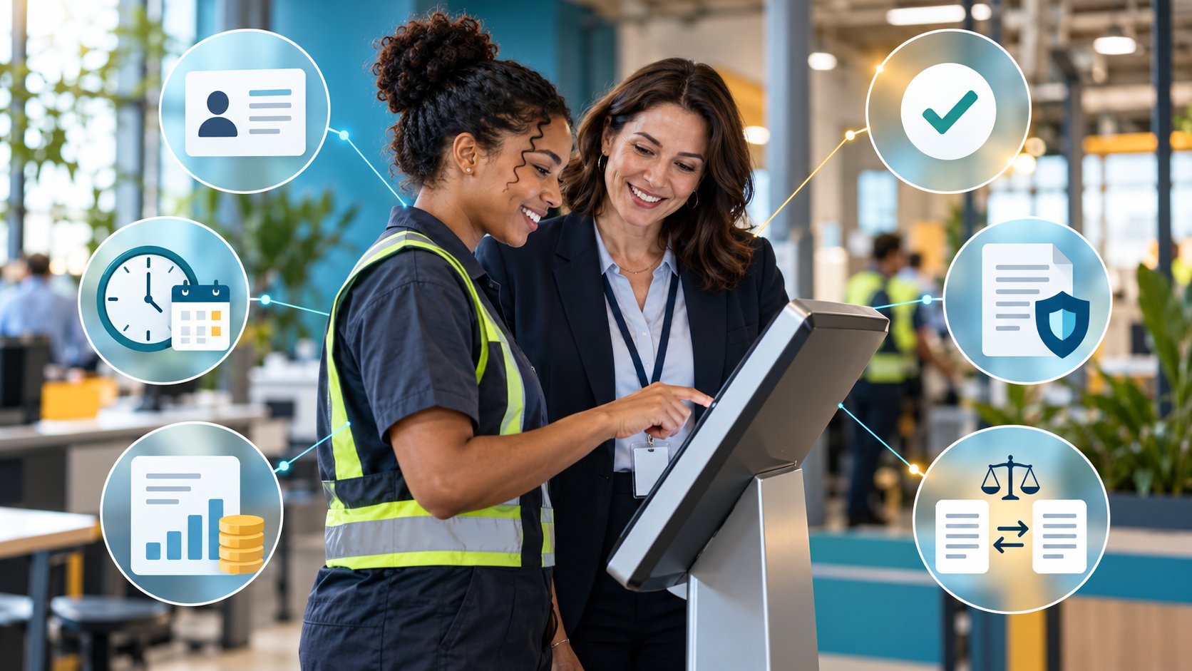 hrPad self-service kiosk covering the six upstream payroll links Frontline employee and HR manager using an hrPad self-service kiosk surrounded by icons for employee details, time and attendance, pay and deductions, approvals, compliance and reconciliation