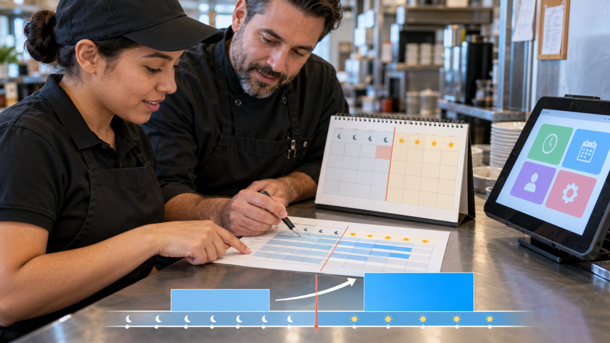 Restaurant employee and manager reviewing a work schedule with a timeline showing the switch from the old pay rate to the new pay rate on January 1
