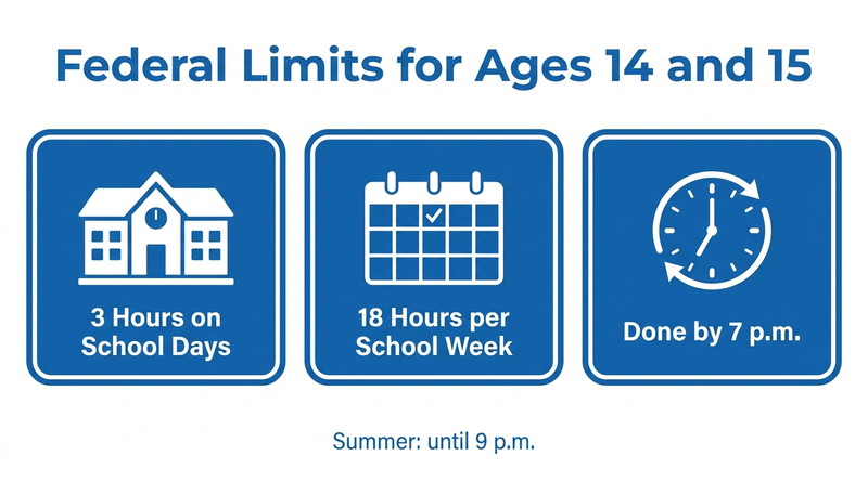 Federal work hour limits for 14 and 15 year olds