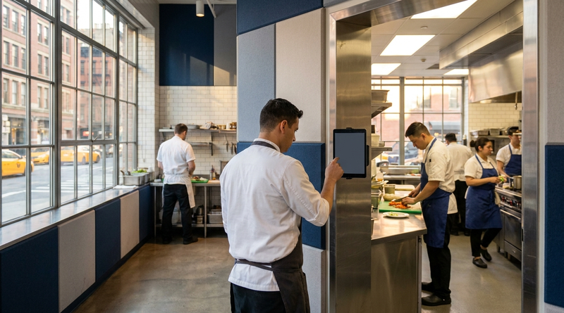 Spread of hours pay UKG tablet time clock in restaurant kitchen