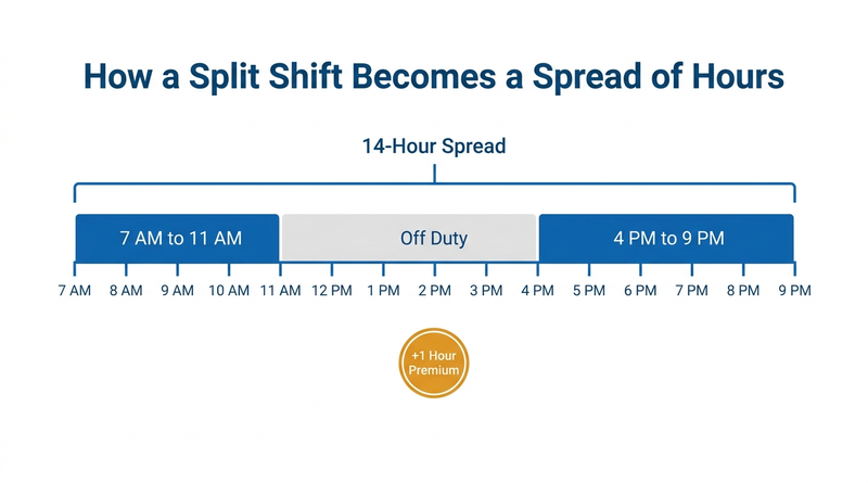 How a split shift creates a spread of hours over 10