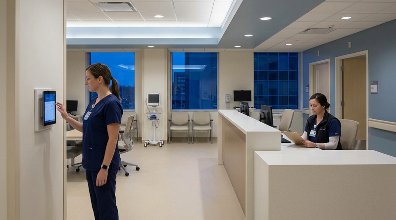 Nurse mandatory overtime UKG tablet time clock at nurse station