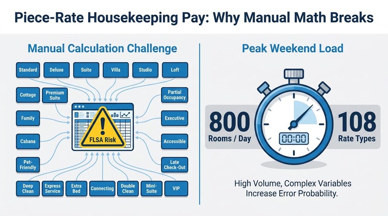 108 room types piece-rate housekeeping pay complexity