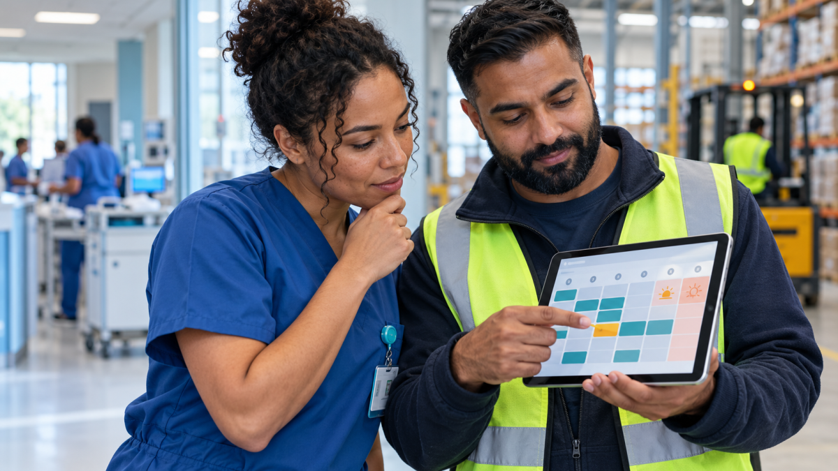 A healthcare worker and a warehouse worker review a shift schedule with public holidays highlighted on a tablet