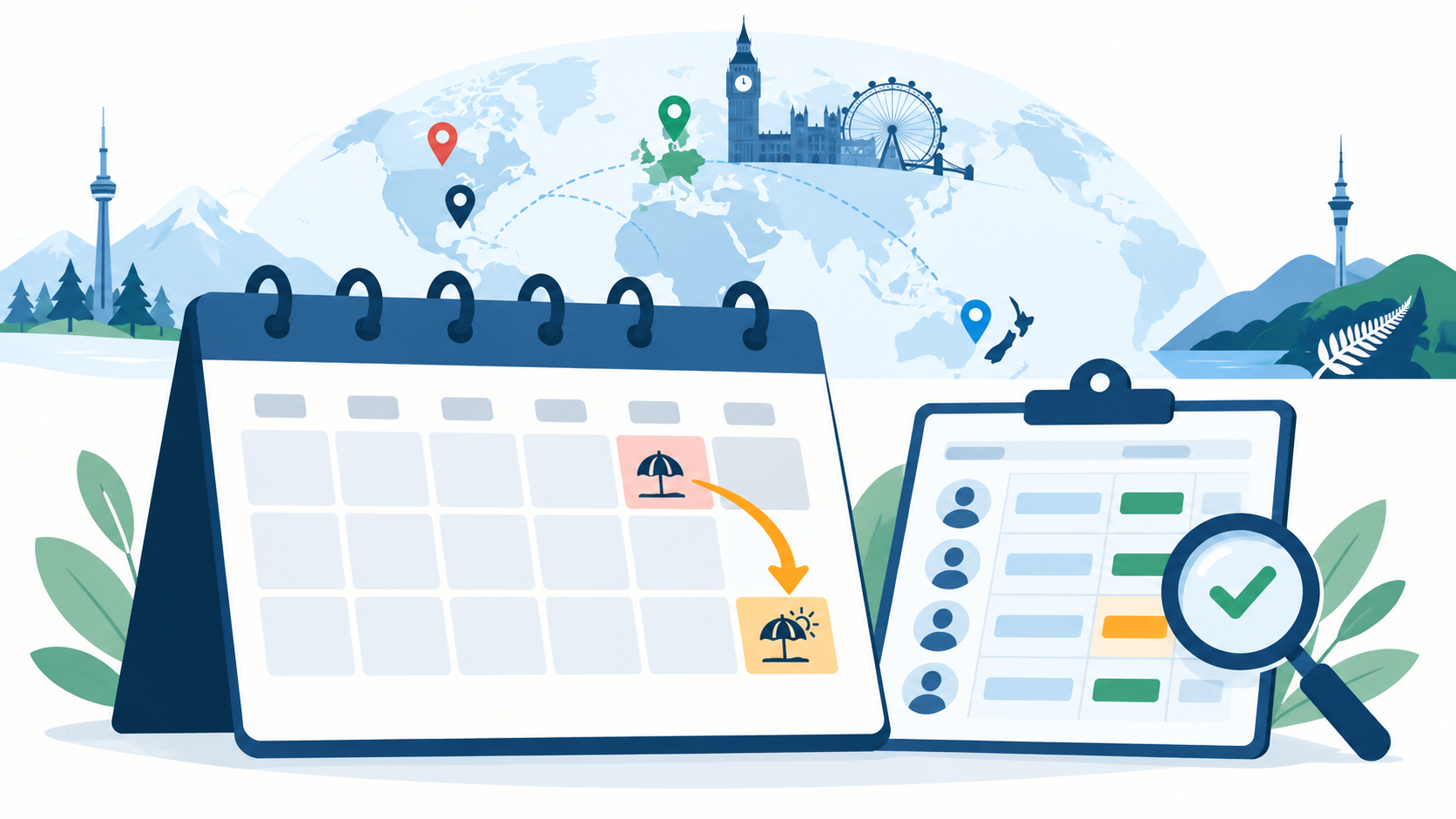 How public holiday substitution works across countries Illustration of a calendar with a weekend public holiday shifting to the next working day, next to a world map marking New Zealand, the UK, Canada, and the US