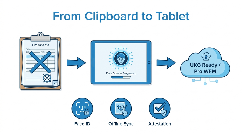 CloudApper AI TimeClock tablet replacing a paper timesheet