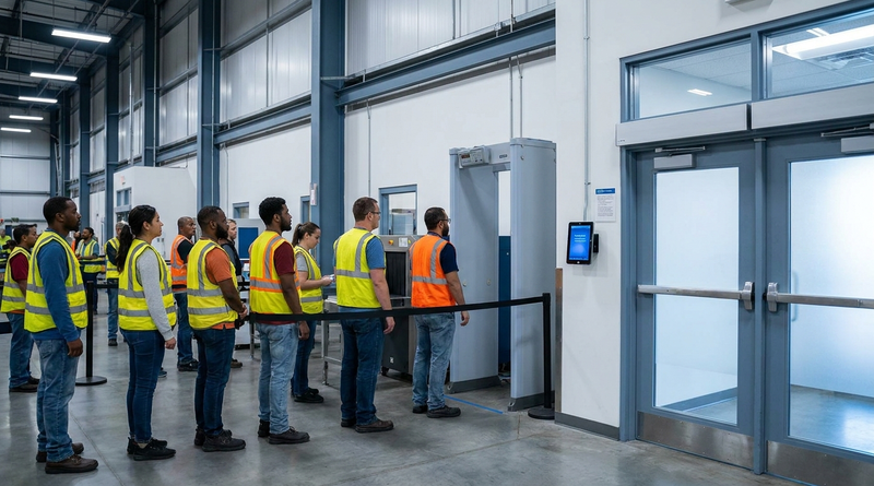 Security screening time UKG tablet clock at warehouse exit