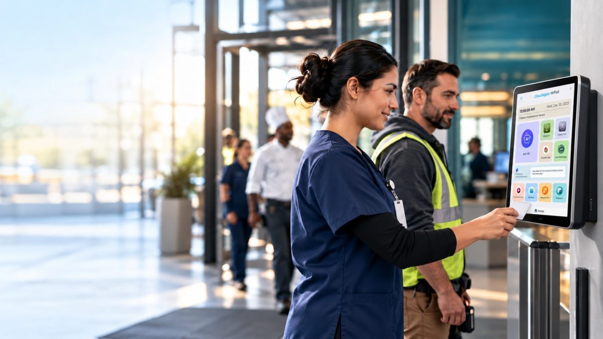 Nurse and construction worker clocking in at a wall-mounted hrPad by CloudApper AI tablet time clock connected to UKG