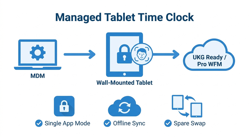 CloudApper AI TimeClock on a managed kiosk tablet