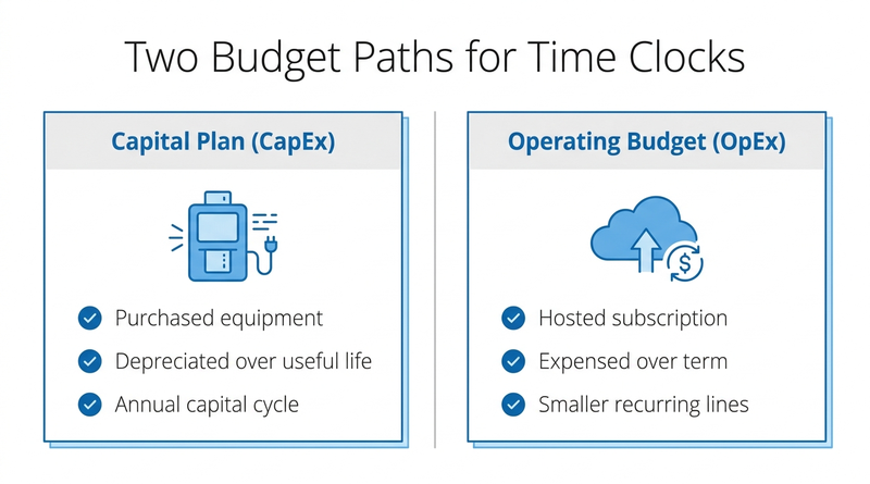 Capital vs operating budget paths for UKG time clocks