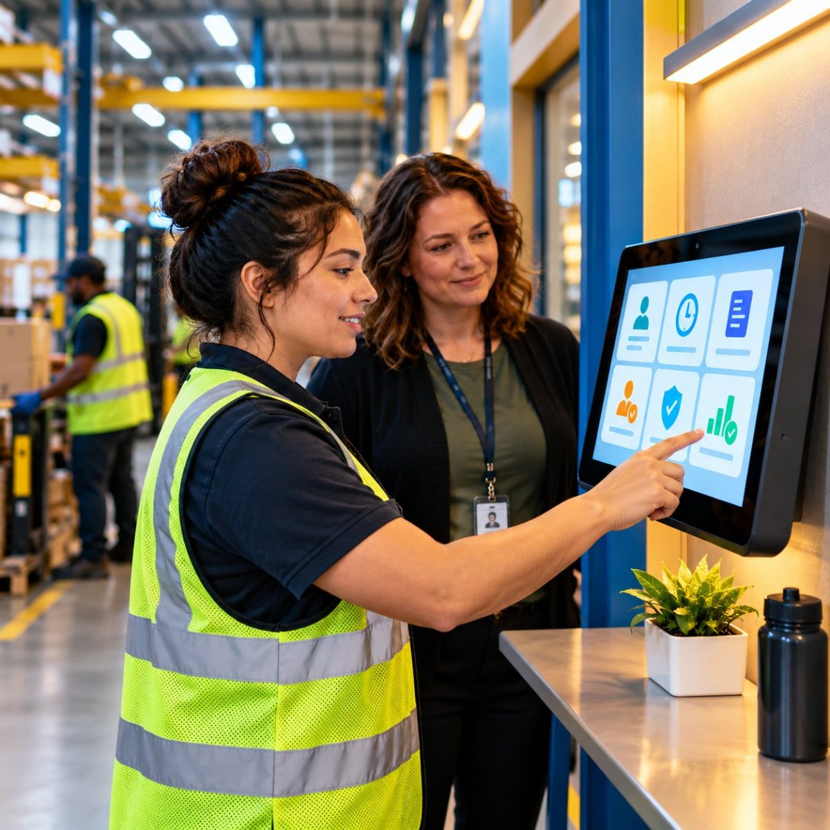 Warehouse worker in a safety vest using a wall-mounted hrPad by CloudApper AI kiosk with an HR manager to check pay and time details connected to UKG