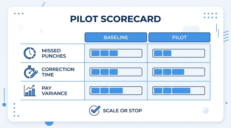 UKG time clock pilot scorecard baseline versus pilot