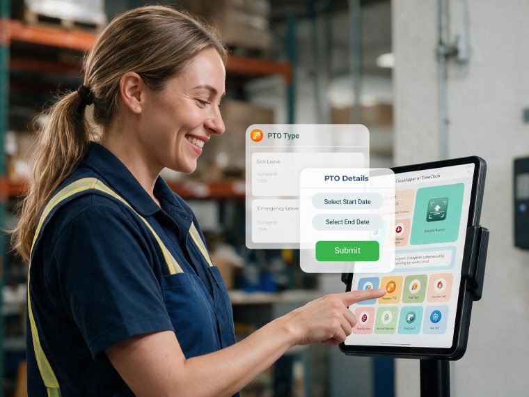 CloudApper AI TimeClock self-service screen showing a PTO balance request and available open shifts on an Android tablet