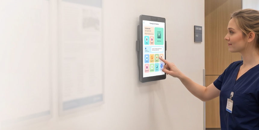 CloudApper AI TimeClock on a tablet mounted at a warehouse entrance — UKG-compatible face recognition check-in without a dedicated InTouch terminal