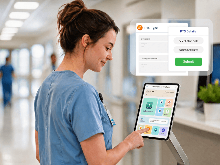 CloudApper AI TimeClock self-service screen showing a PTO balance request and available open shifts on an Android tablet